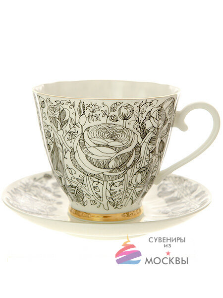 Чашка с блюдцем чайная форма Гвоздика рисунок Лето черное ИФЗ
