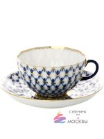 Фарфоровая чайная чашка с блюдцем форма "Тюльпан", рисунок "Кобальтовая сетка", Императорский фарфоровый завод
