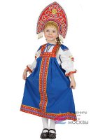 Русский народный костюм детский "Забава" льняной синий сарафан 7-12 лет