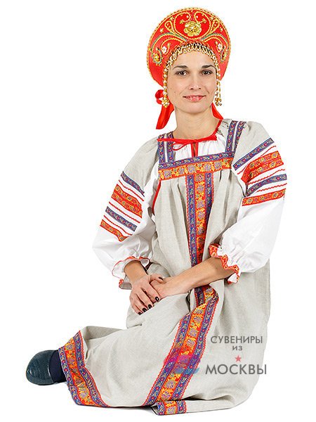 Русский народный костюм женский "Забава" льняной бежевый сарафан XS-L